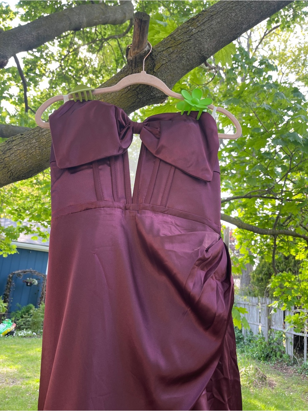 Strapless Burgundy Satin Evening Dress with bow and corset